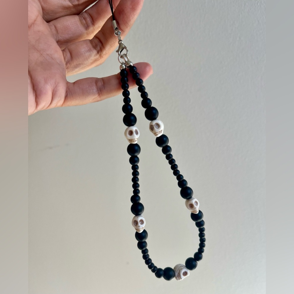 Halloween Beaded Skull Cell Phone Strap Charm, Black and White Glass Beads